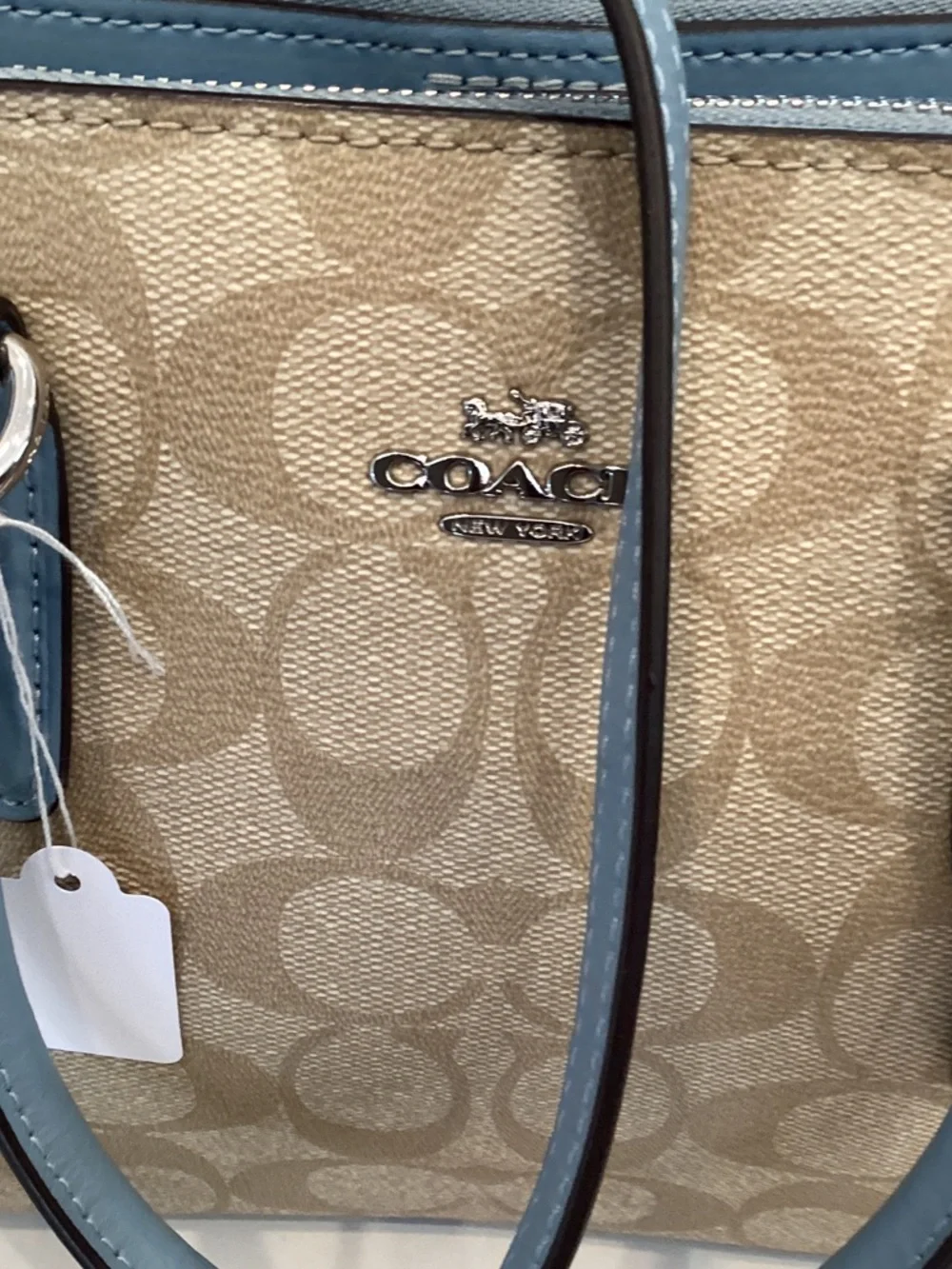 Coach Beige Signature Tote with Light Blue Trim - Picture 3 of 4